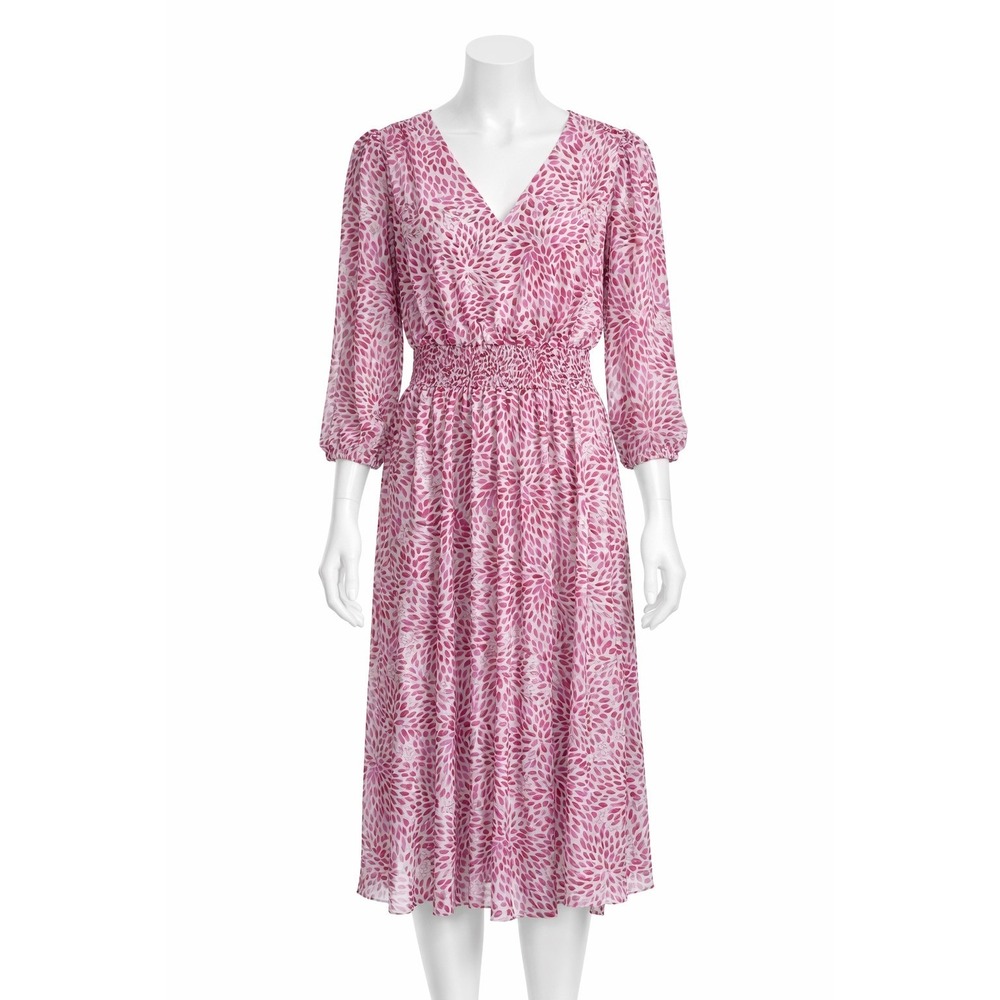 Kate and Lily Dress Women 8 Pink Petal Print Smocked Waist V-Neck Midi